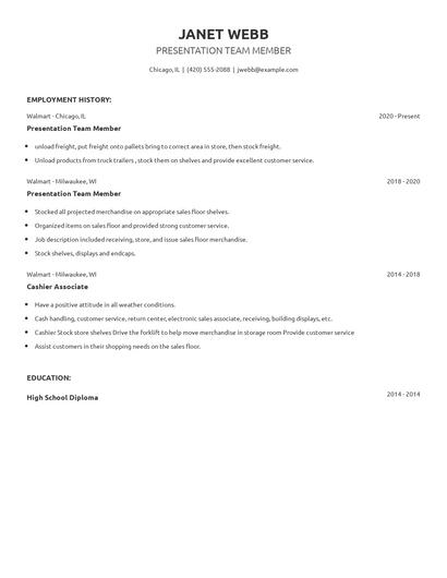 Presentation Team Member Resume