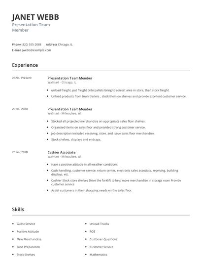 Presentation Team Member Resume