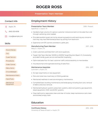 Presentation Team Member Resume