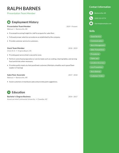 Presentation Team Member Resume