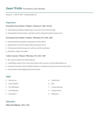 Presentation Team Member Resume