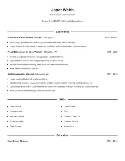 Presentation Team Member Resume
