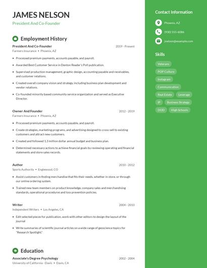 President And Co-Founder Resume