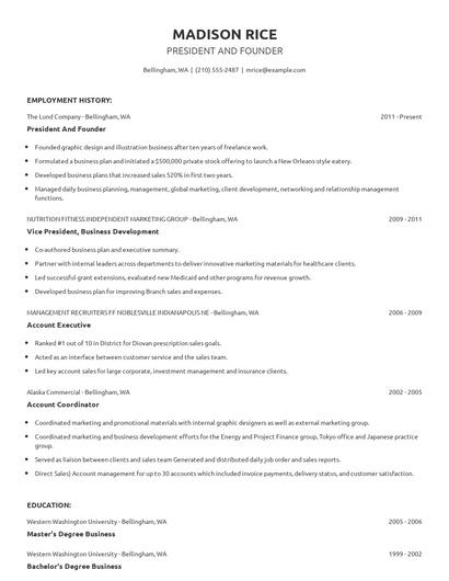 President And Founder Resume