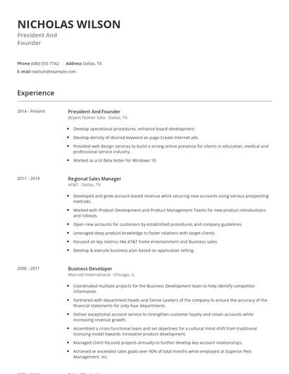 President And Founder Resume