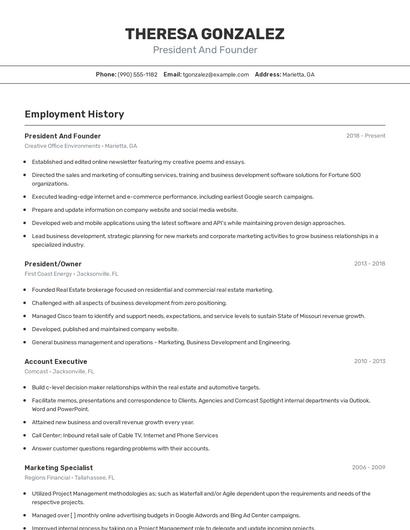 President And Founder Resume