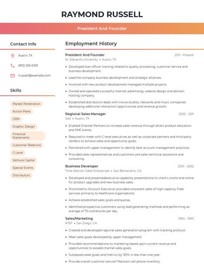 President And Founder Resume