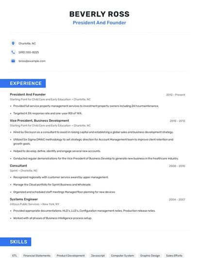President And Founder Resume