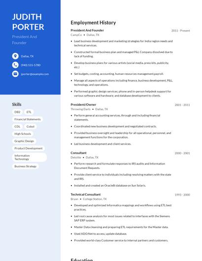 President And Founder Resume