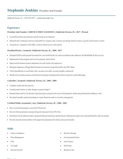 President And Founder Resume