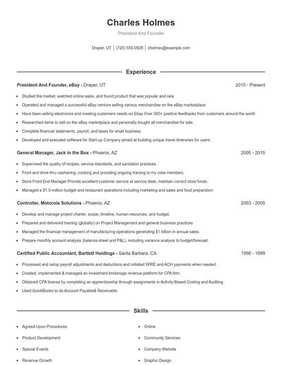 President And Founder Resume