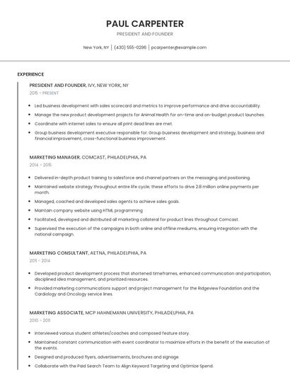 President And Founder Resume