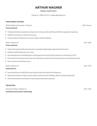 Press Assistant Resume