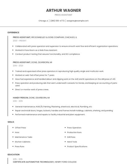 Press Assistant Resume