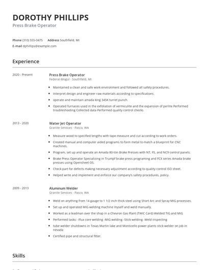Press Brake Operator Resume