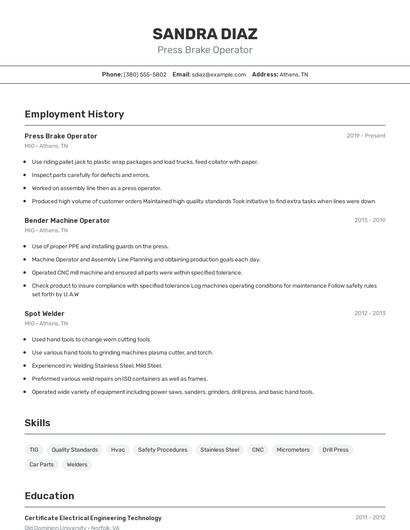 Press Brake Operator Resume