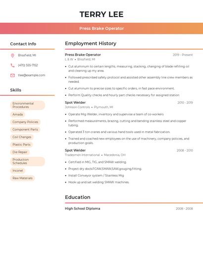 Press Brake Operator Resume