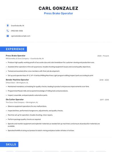 Press Brake Operator Resume
