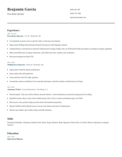 Press Brake Operator Resume