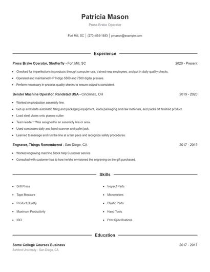 Press Brake Operator Resume