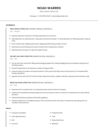 Press Brake Operator Resume