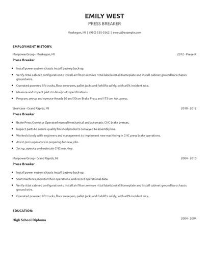 Press Breaker Resume
