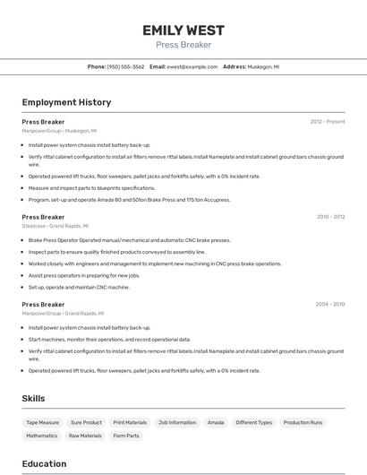 Press Breaker Resume