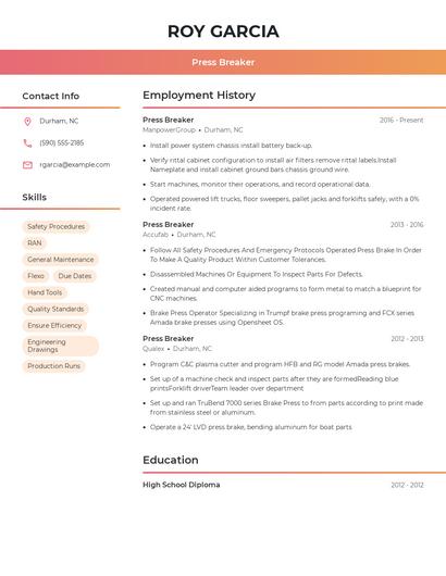 Press Breaker Resume