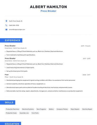 Press Breaker Resume