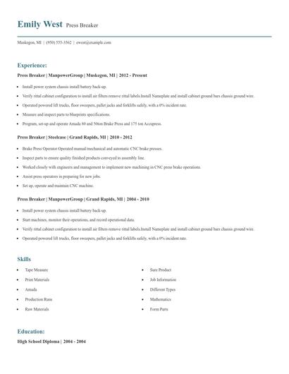 Press Breaker Resume