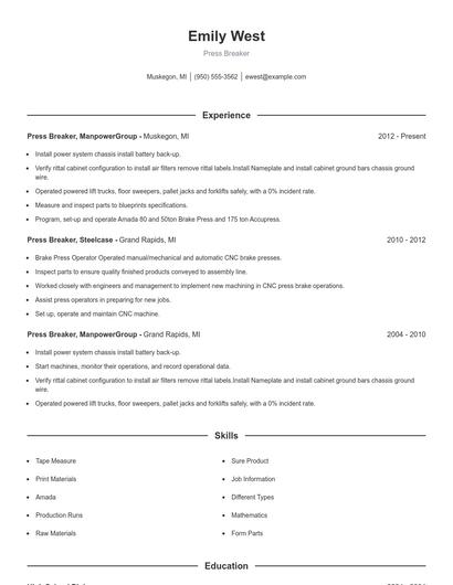 Press Breaker Resume