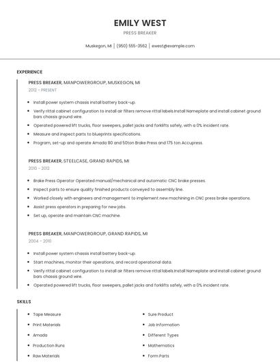 Press Breaker Resume