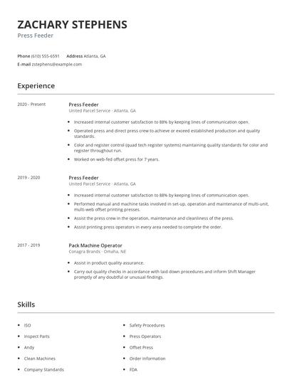 Press Feeder Resume