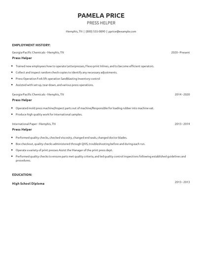 Press Helper Resume