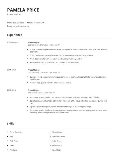 Press Helper Resume