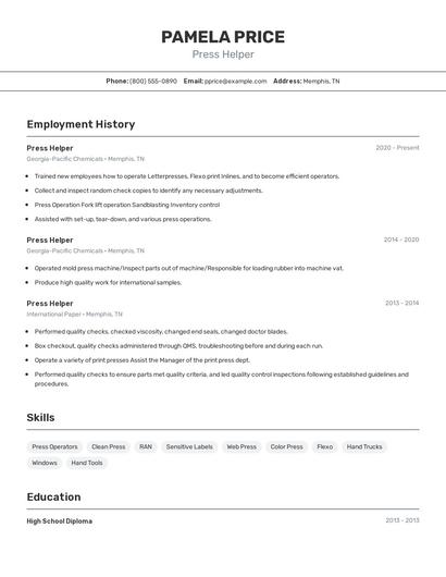 Press Helper Resume