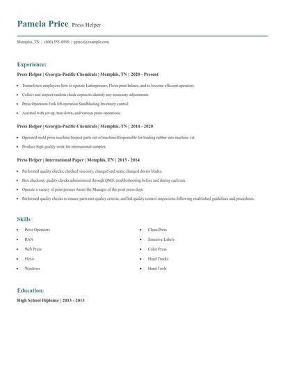 Press Helper Resume