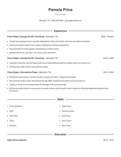 Press Helper Resume