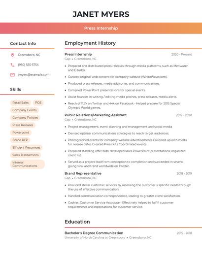 Press Internship Resume
