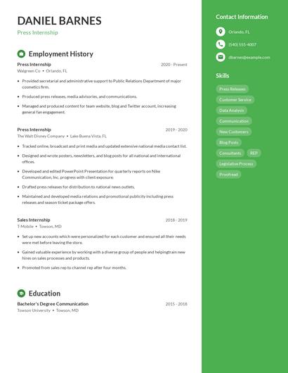 Press Internship Resume