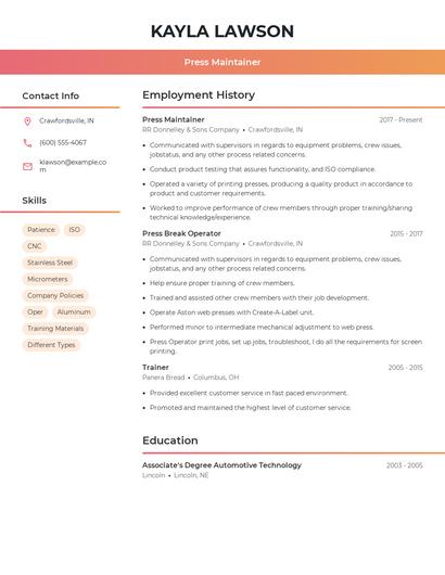 Press Maintainer Resume