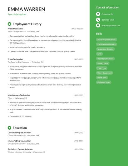 Press Maintainer Resume