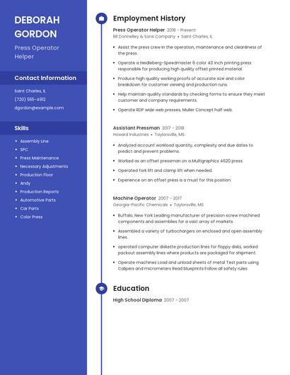 Press Operator Helper Resume