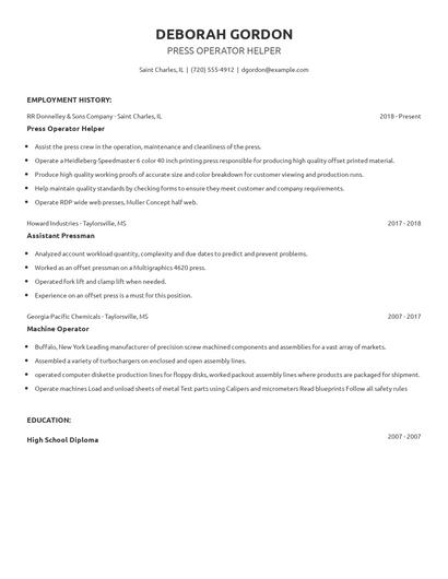 Press Operator Helper Resume