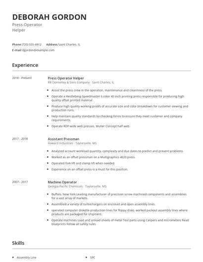 Press Operator Helper Resume