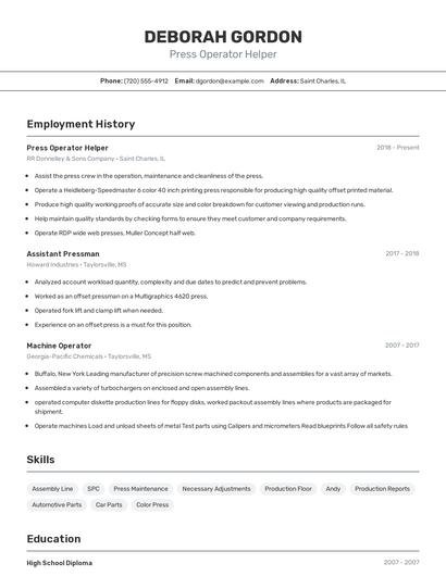 Press Operator Helper Resume