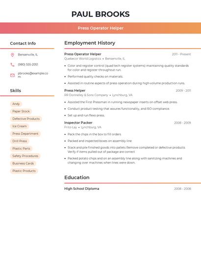 Press Operator Helper Resume