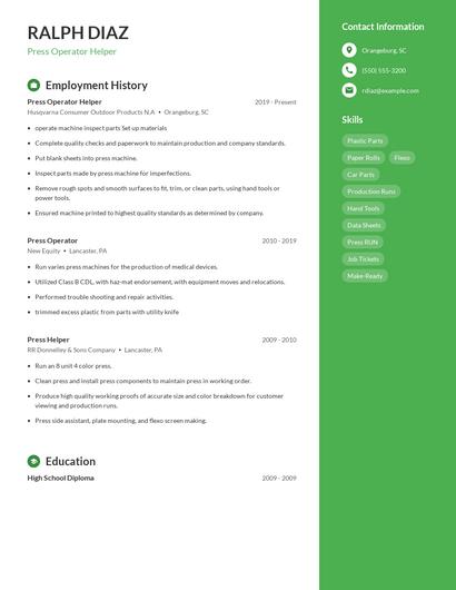 Press Operator Helper Resume