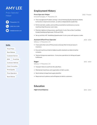 Press Operator Helper Resume