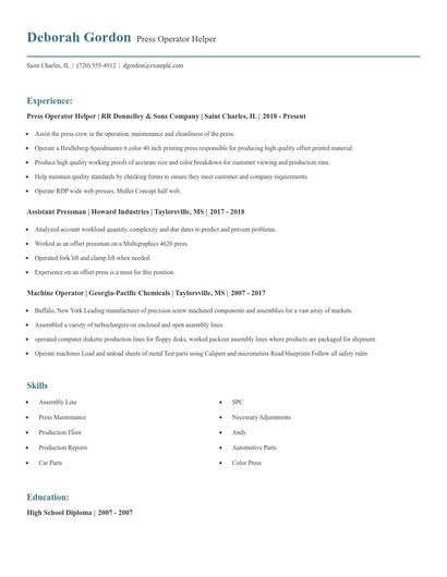 Press Operator Helper Resume